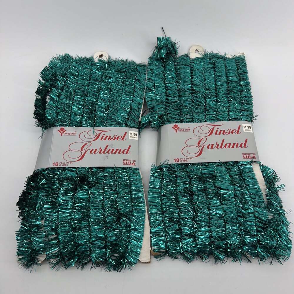 2 - VTG Young Craft Teal Blue Shiny Tinsel Garland 1.5 x 18ft. New Made In USA